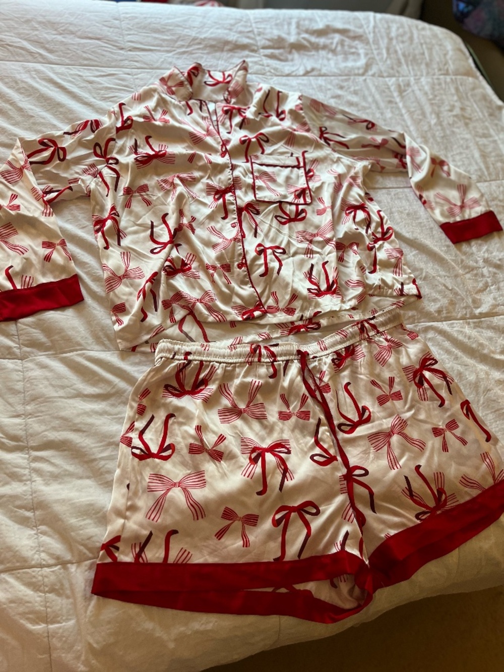 Sage And Sky Matching Pajama Set, Red Bow Design, Long Sleeve Top & Shorts 3X